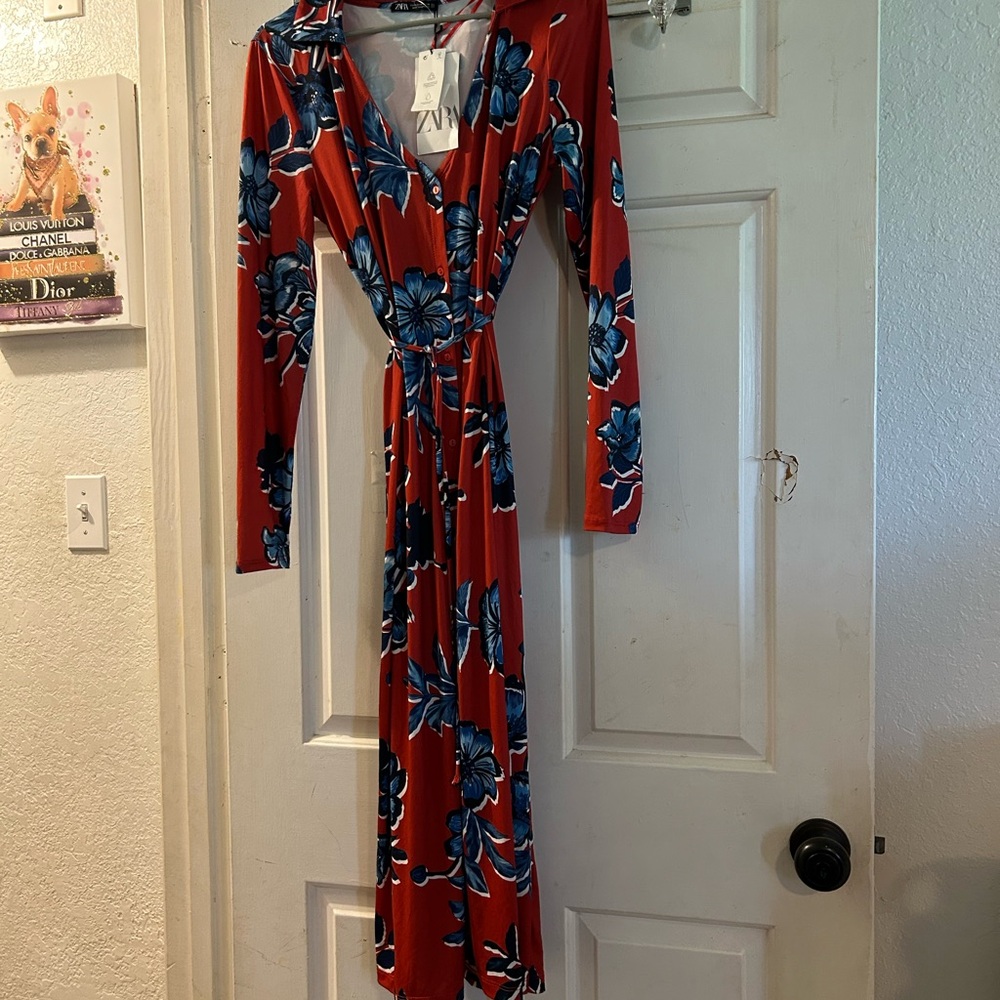 Zara Red Maxi Dress with Blue Floral Print